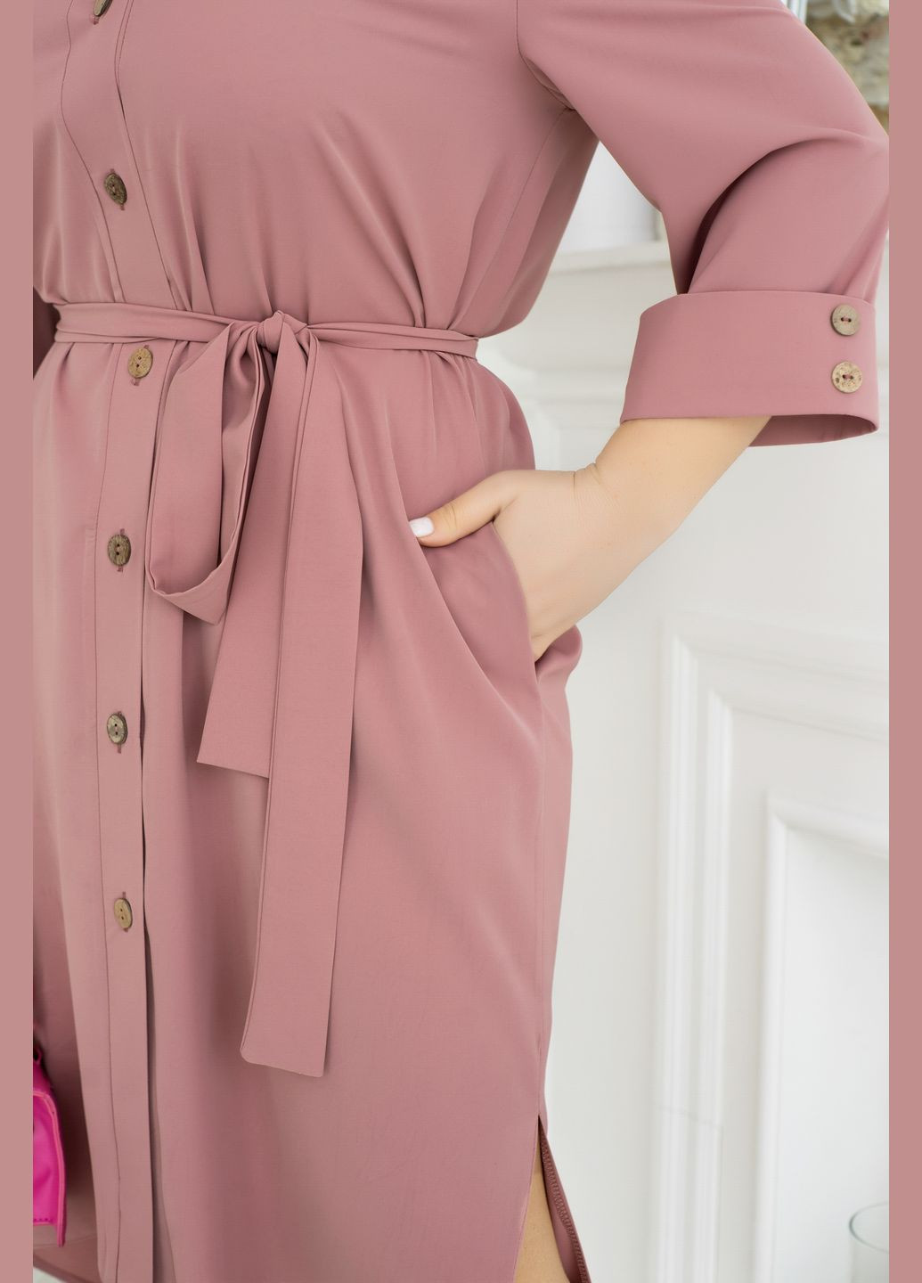 Розово-лиловое деловое платье-рубашка с поясом рубашка No Brand однотонное
