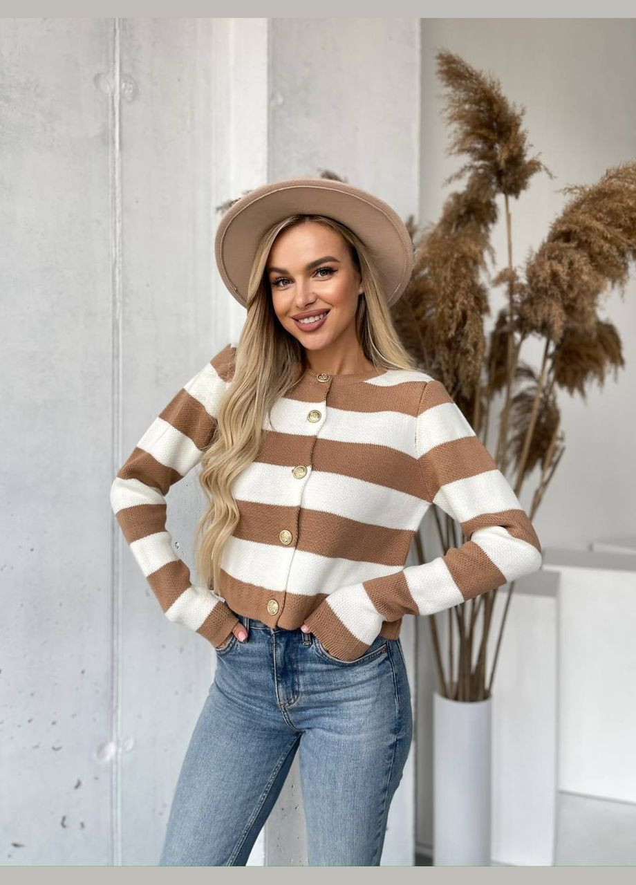 Жіноча кофта на гудзиках у кавову смужку білого кольору 29587 Fashion (306443334)