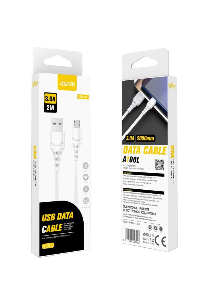 Кабель A100L Micro Fast Charge 3A/2м- белый Aspor (367602648)