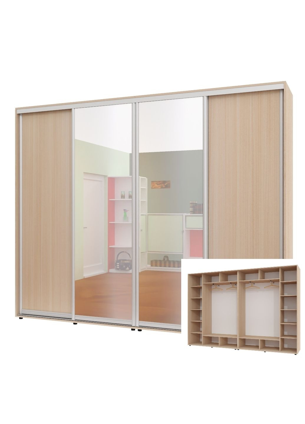 Шафа-купе чотиридверна 300*45*220 см Дуб молочний 4 двері ДСП + Дзеркало + Дзеркало + ДСП ШК-02 Алекса (360451082)