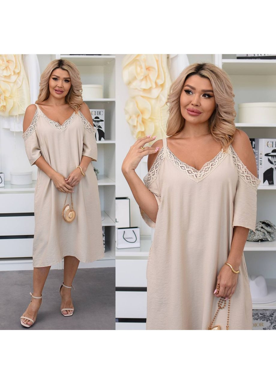 Бежевое праздничный, вечернее, кэжуал женское платье лён бохо силуэтная Style Point однотонное