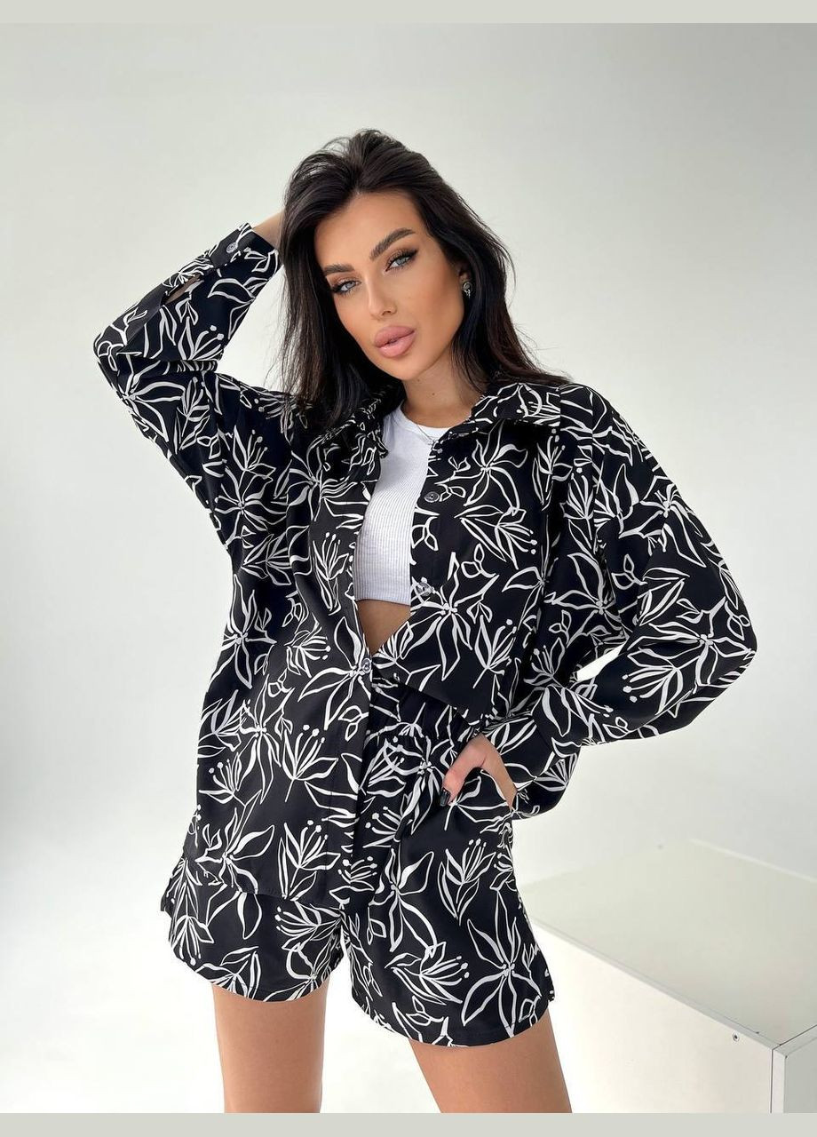 Красивый летний принтованный костюм двойка из софта (рубашка+шорты), приятный к телу костюм из лёгкой ткани No Brand 640-1 (293244756)