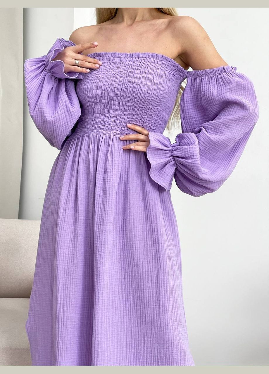 Сиреневое повседневный, вечернее женское платье макси с разрезом с открытыми плечами Україна однотонное