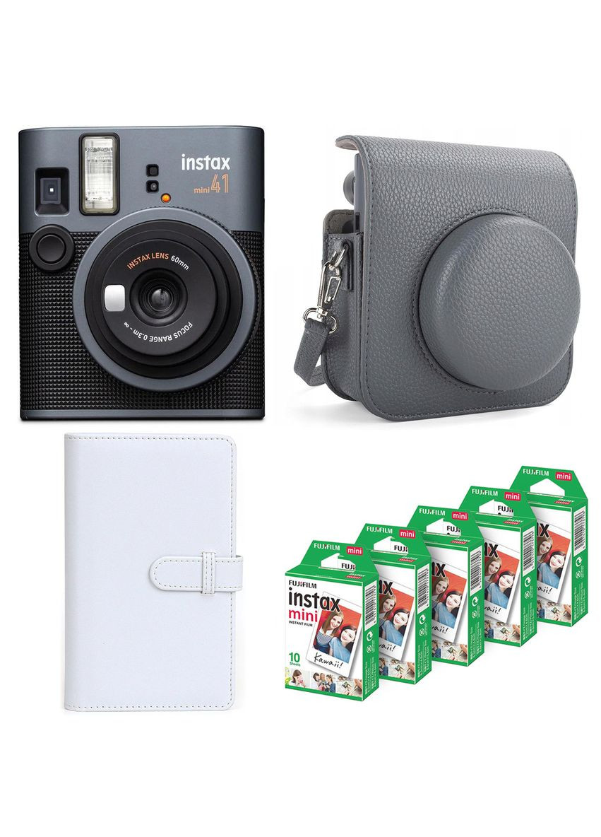 Подарунковий набір Фотоапарат Instax Mini 41, Фотопапір 50 шт, Чохол, Фотоальбом на 108 фото Сірий Fujifilm (356117010)