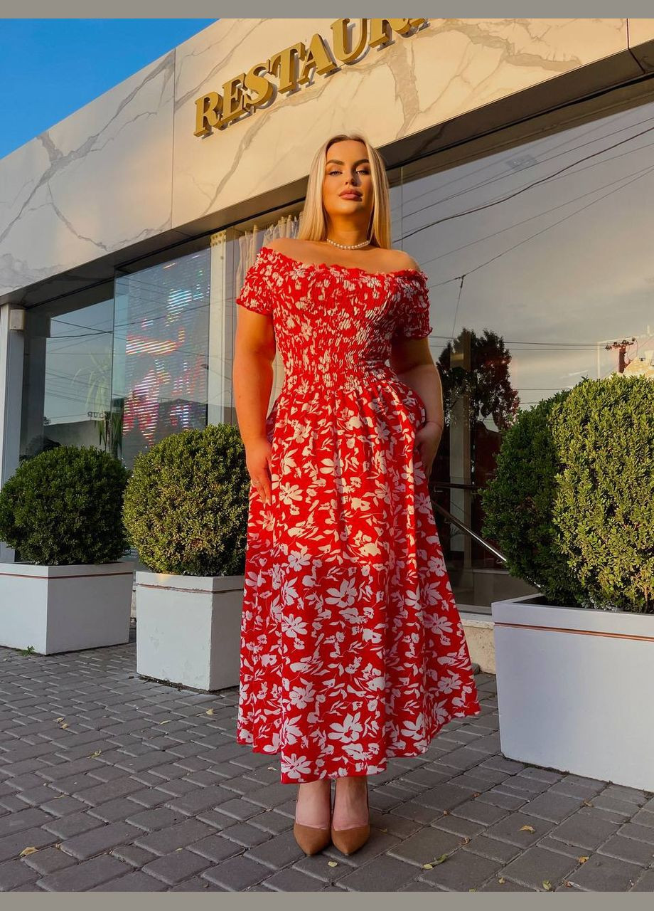 Красное повседневный, праздничный, вечернее женское элегантное длинное платье а-силуэт Україна с цветочным принтом