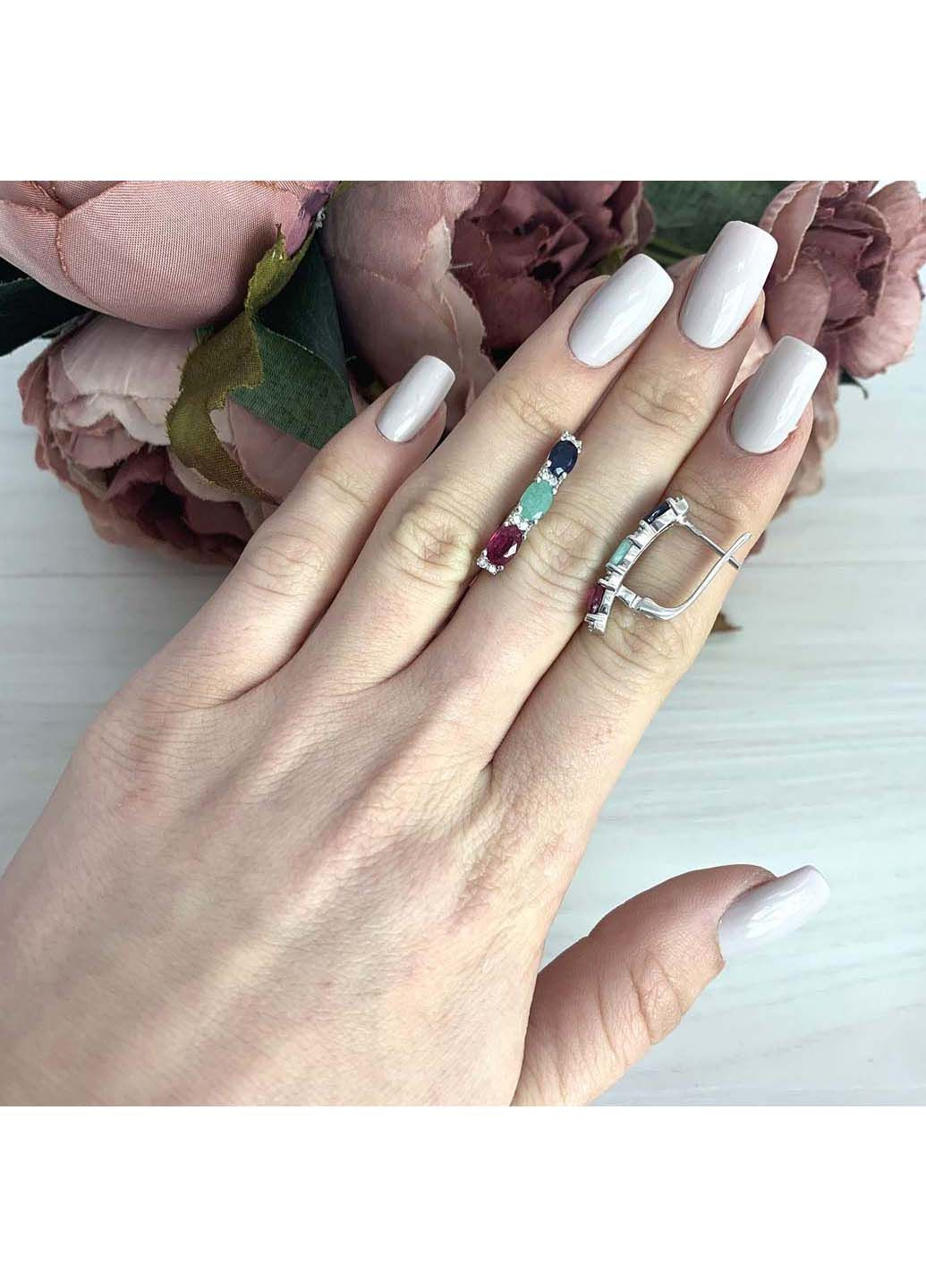 Срібні сережки з натуральним сапфіром 1.797ct, смарагдом, рубіном (2076018) Silver Breeze (317355789)