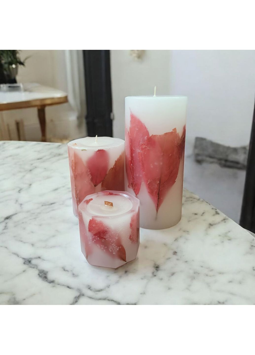 Набір свічок ручної роботи декоративні свічки ароматизовані в наборі з 3 шт з червоним листям дикого винограду Handmade Studio - AV (372492571)