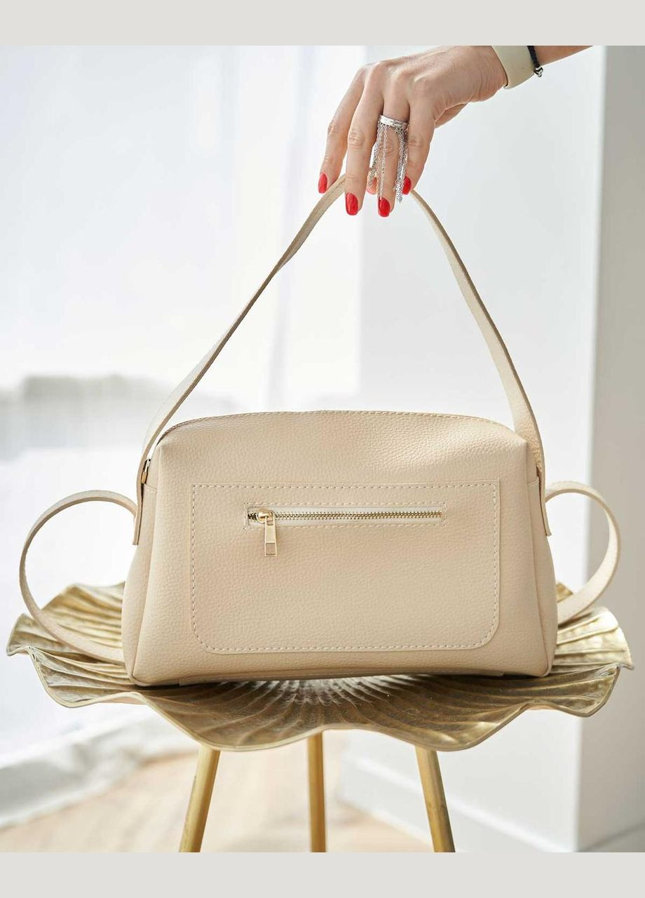 Жіноча сумка з екошкіри бежева з кишенею на блискавці з двома ременями «Фрея» WeLassie (298571243)