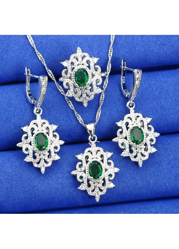 Набор ювелирной бижутерии серебристый кулон серьги кольцо гербовый узор зеленый кристалл AurumLux039 Fashion Jewelry (351851543)