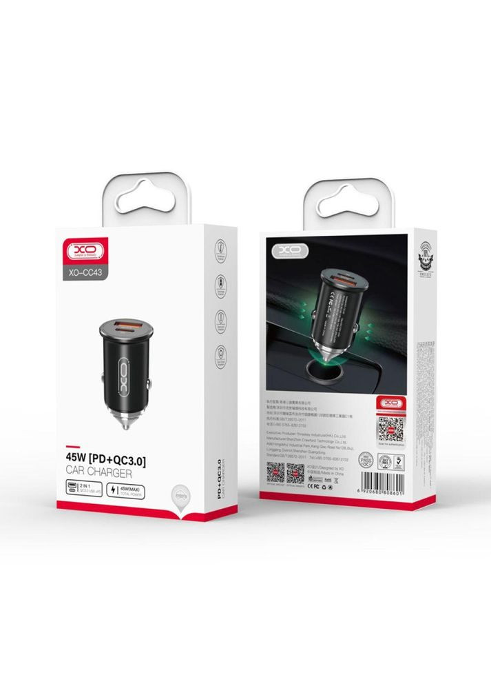 Автомобільний Зарядний Пристрій CC43 PD+QC3.0 45W Колір Чорний XO (340935457)