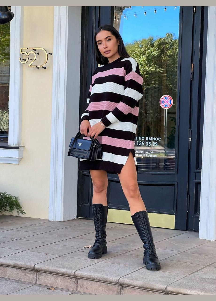 Черное повседневный, кэжуал, джинсовое вязаное платье в полоску, оверсайз силуэт, цвет — чёрный! BANG__BOOOM