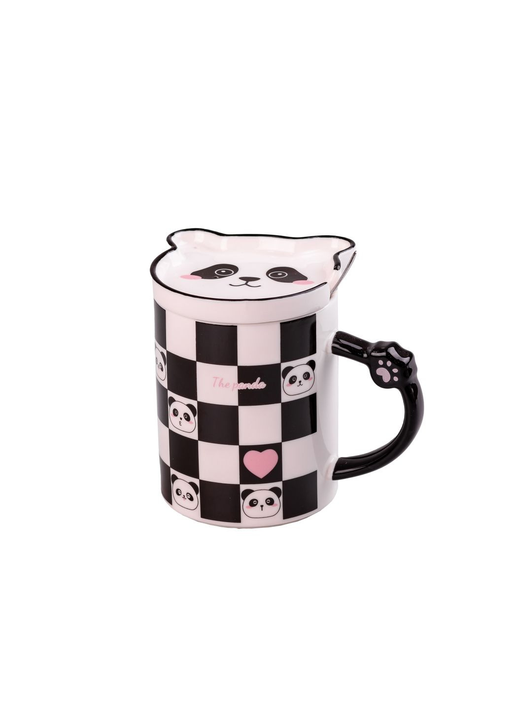 Чашка керамическая 350 мл The Panda с блюдцем и ложкой, шахматный узор Happy Life (358649740)
