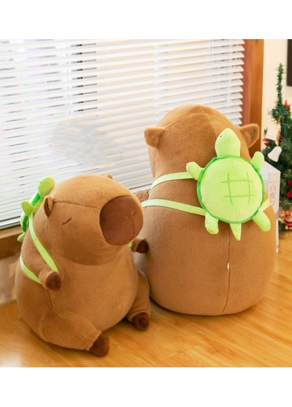 Плюшева Капібара зі знімним рюкзаком черепахою на спині, коричнева крапібара, що сидить, 32 см No Brand (372467423)