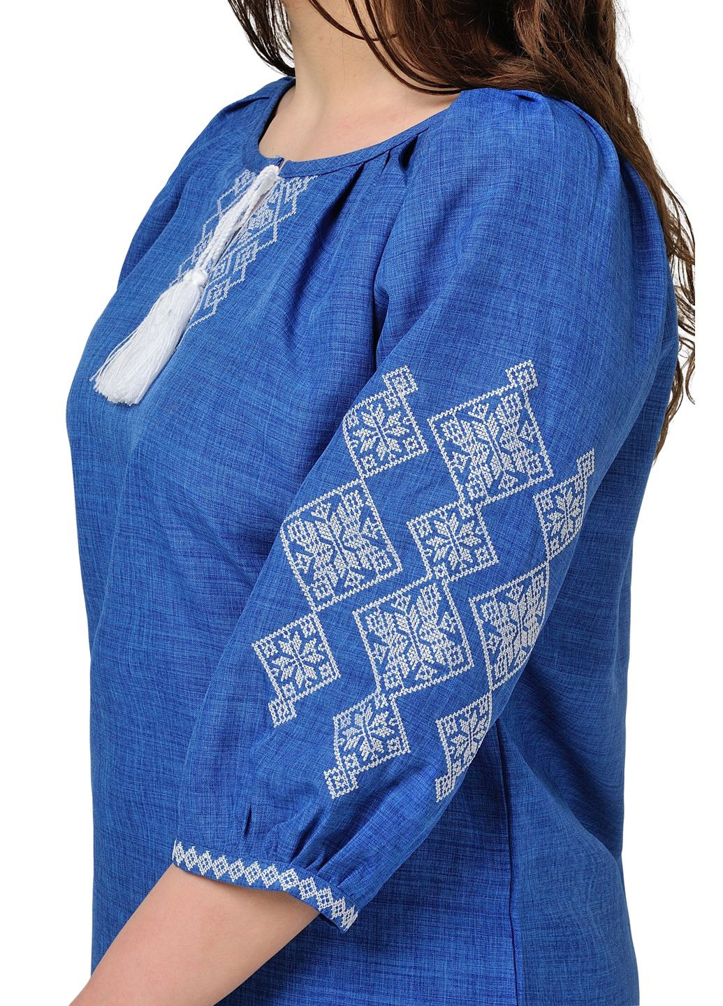 Синя жіноча вишиванка слобожаночка рукав 3/4 (темний джинс) Golfstream пряма поліестер, льон (292653114)