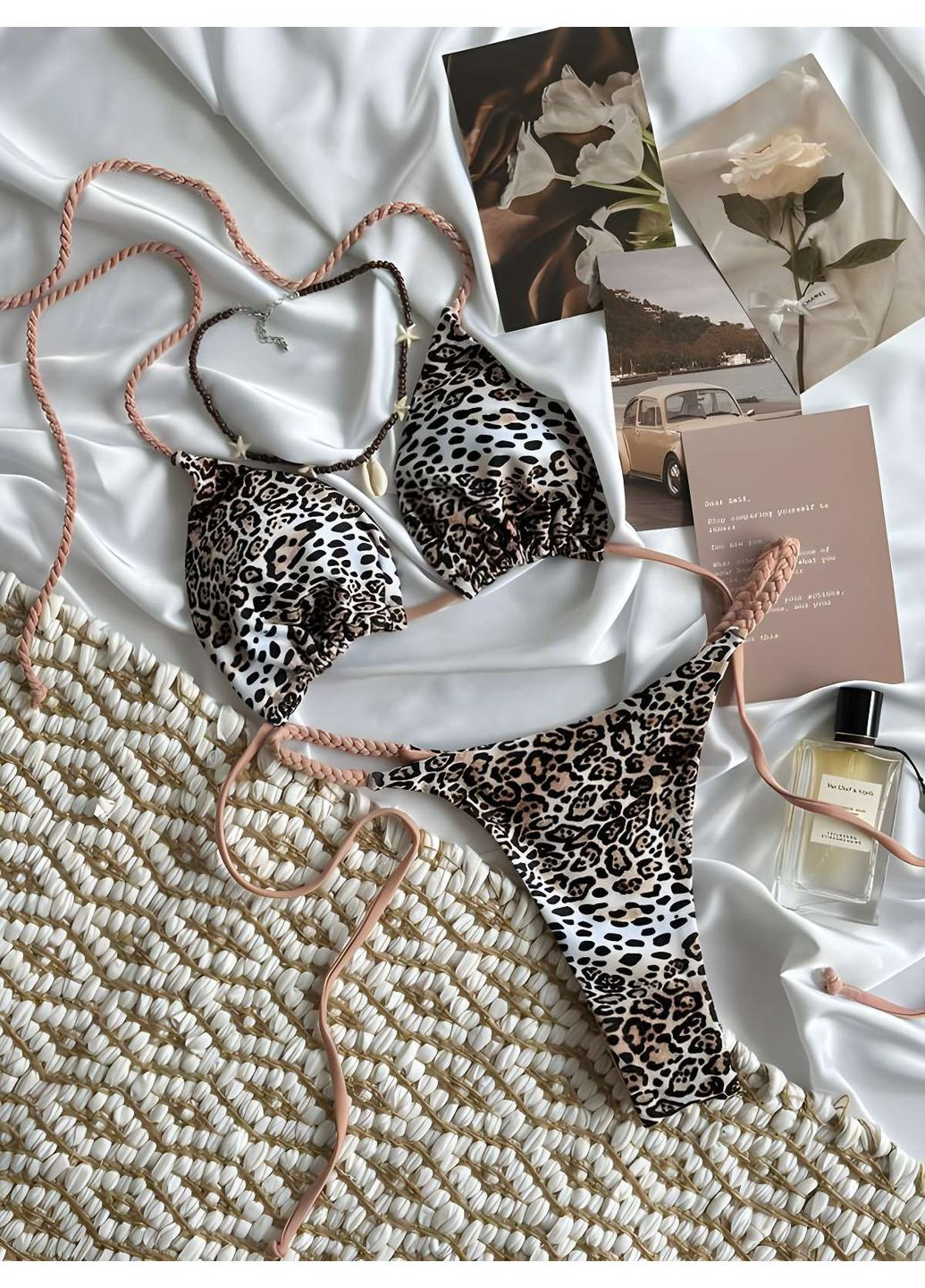 Комбинированный летний женский летний откровенный леопардовый купальник со стрингами. No Brand