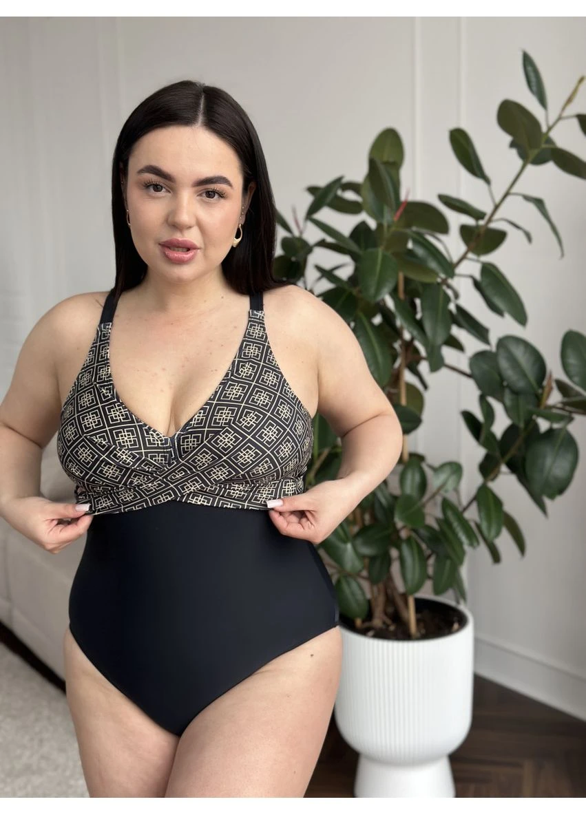 Чорний літній суцільний жіночий купальник з орнаментом plus size – злитий стильний купальник великих розмірів з утягувальним ефектом, мод No Brand