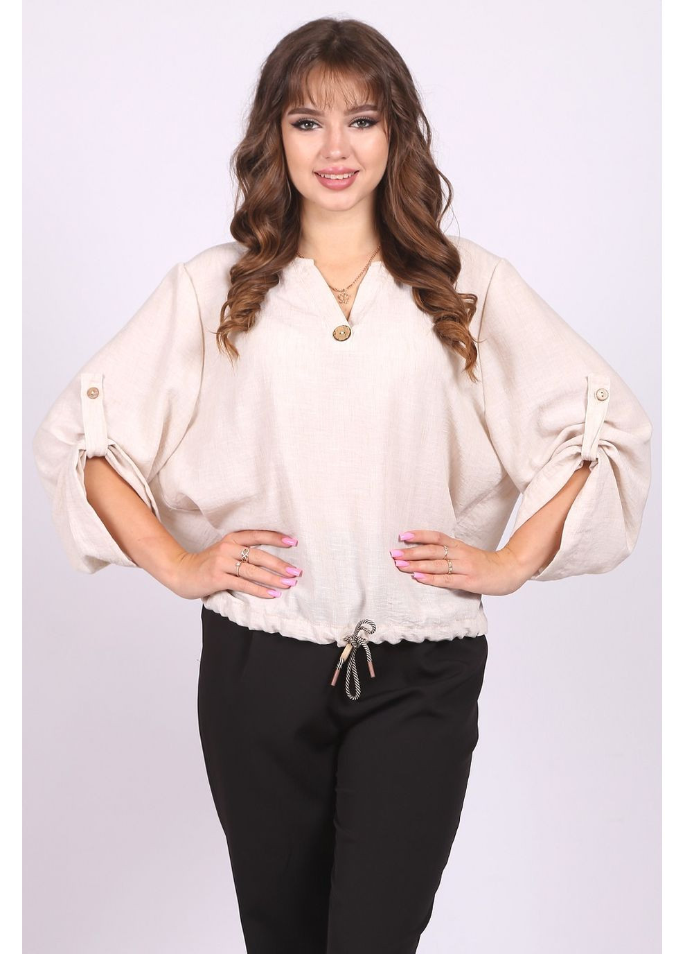 Світло-бежева блузка вільного крою жіноча 0491 меланж льон світло-бежеве Актуаль