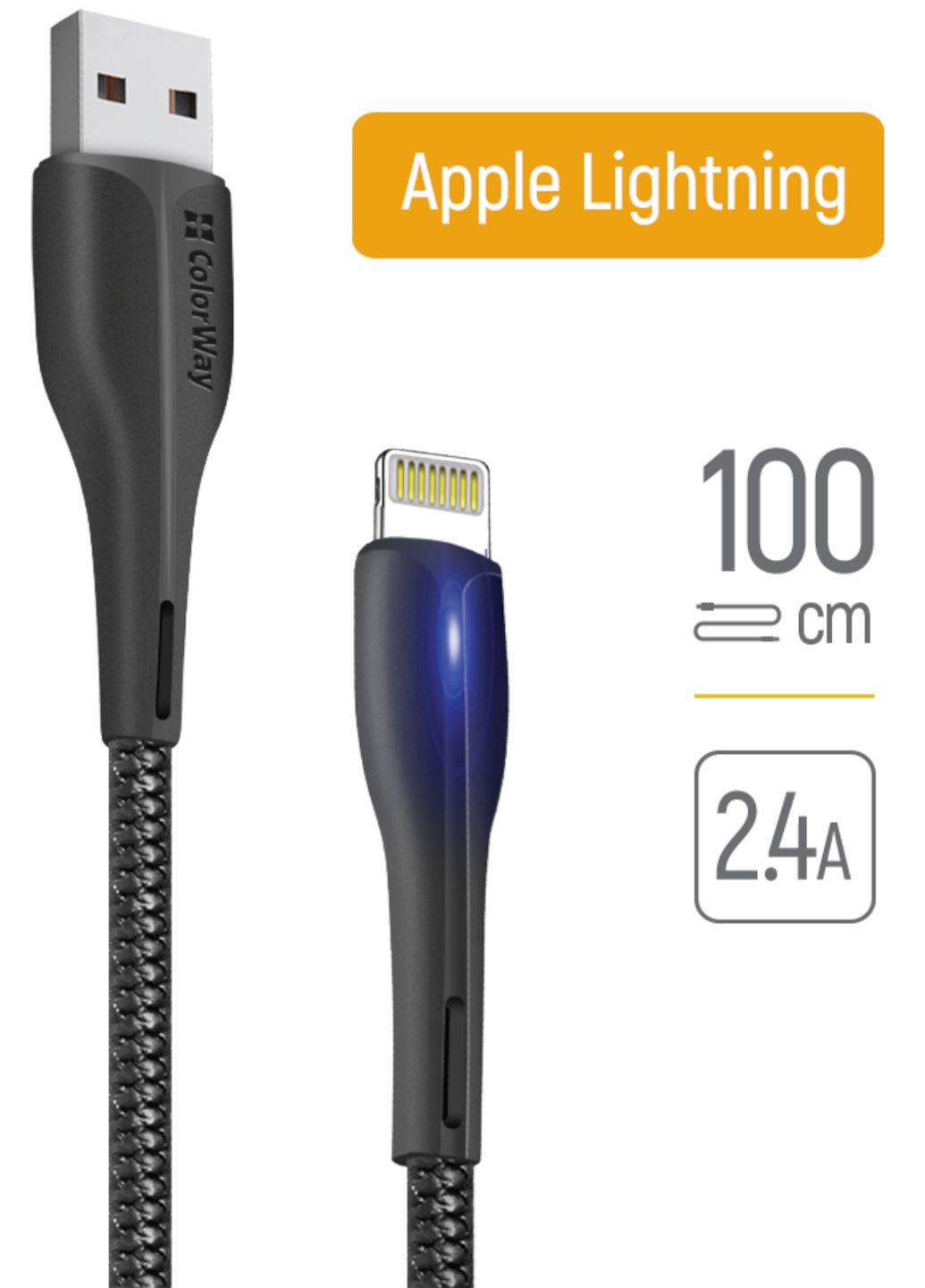 Кабель/шнур для Айфона (iPhone 11/12/13/14) Lightning, 1 метр, чорний, Quick Charge 3.0 Colorway (355267322)