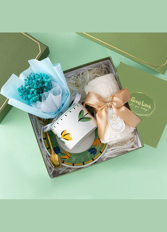 Сувенірний подарунковий набір 7X4 Blue чашка з блюдцем + ніжка + ложка+ букет із гіпсофіли 20 шт. Lesko (352013286)