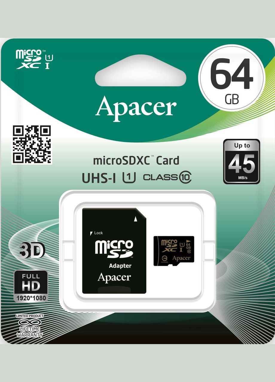 Карта пам'яті 64 GB C10 UHSI MicroSDXC AP64GMCSX10U1-R Apacer (293945101)