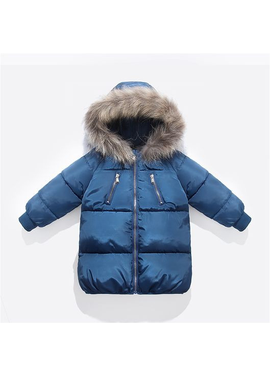 Синяя демисезонная куртка детская однотонная с опушкой на капюшоне ly (синий 100см) (10844) Qoopixie