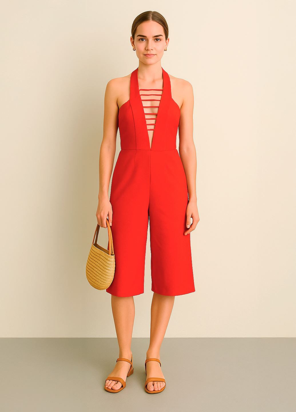 Жіночий комбінезон- Petite з глибоким вирізом Missguided кюлоти комбінезон-шорти однотонний червоний повсякденний, кежуал, вечірній поліестер, еластан