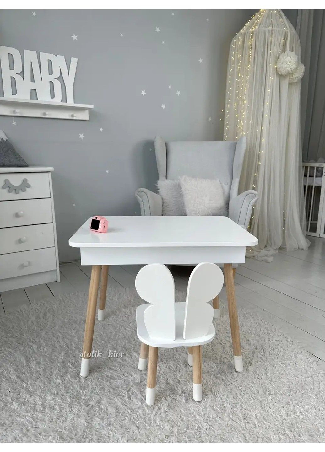 Дитячий столик з ящиком для олівців + стільчик Метелик (Білий) No Brand (331639417)