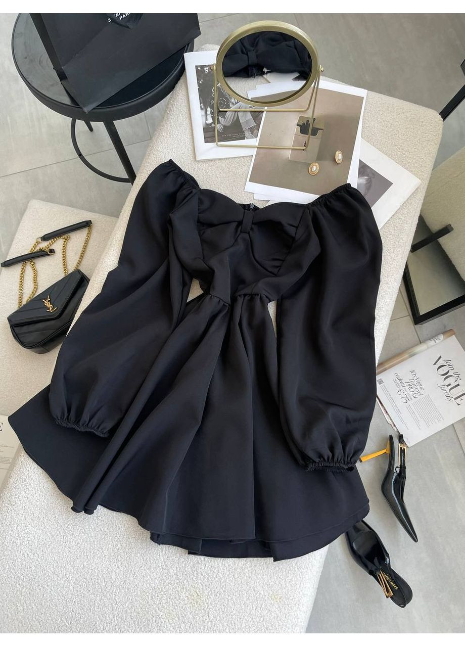 Черное праздничный, повседневный, кэжуал женское платье с длинным рукавом и бантом. Україна