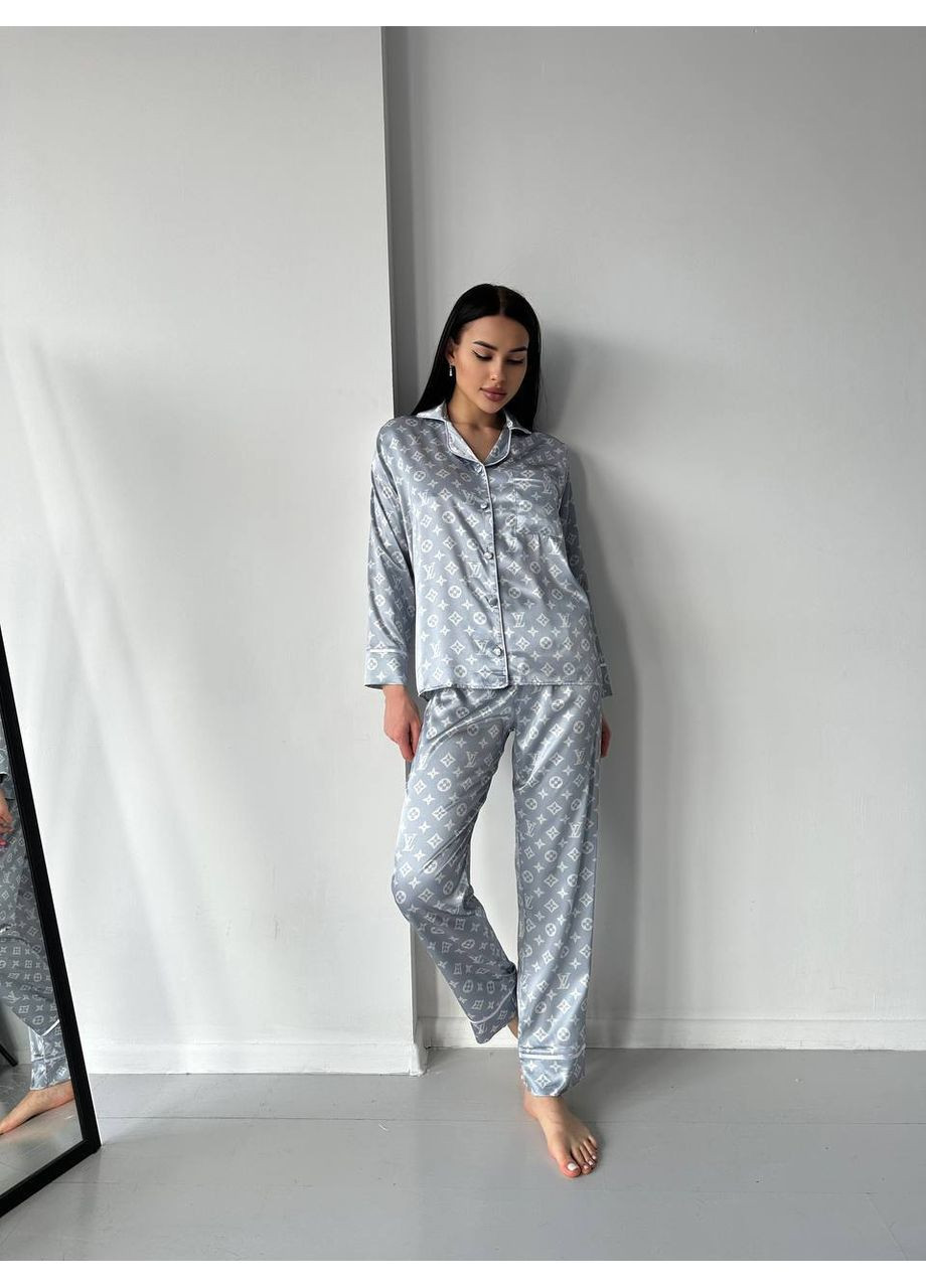 Сіра всесезон жіноча шовкова піжама з принтом lv сорочка + брюки Vakko