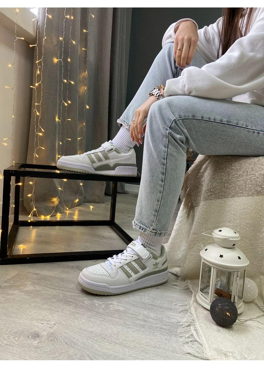 Белые летние кроссовки adidas forum low white green адидас форум No Brand
