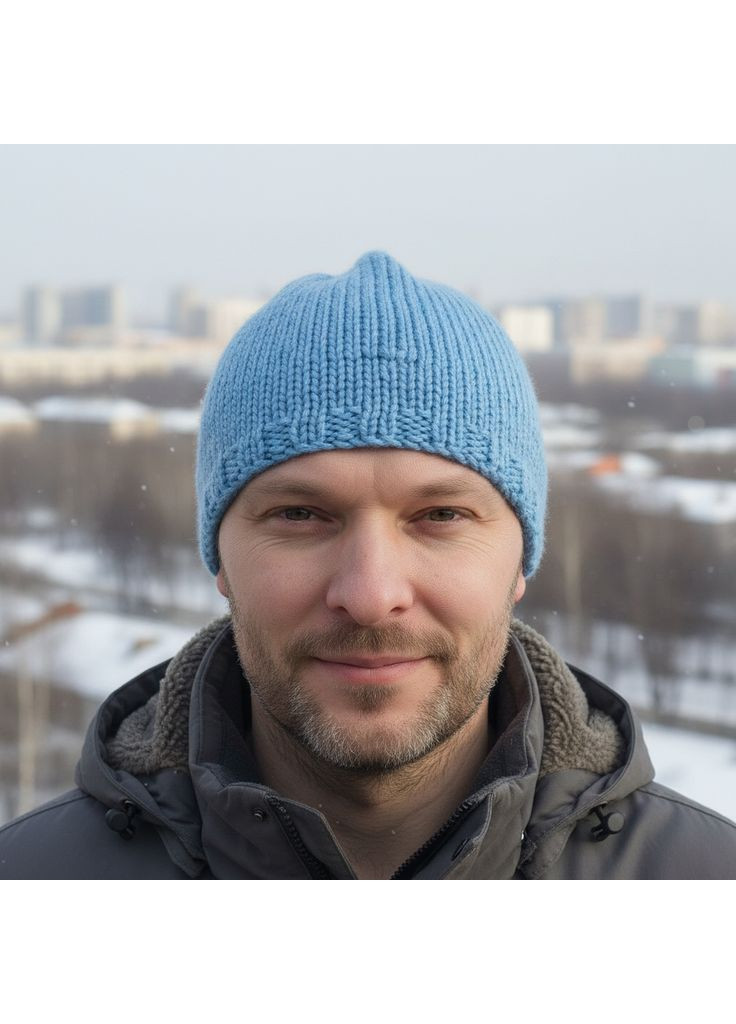 Шапка чоловіча в'язана ACORN light, шапка-жолудь, блакитна шапка біні ручної роботи від, 52-58 см PRIGRIZ (369165080)