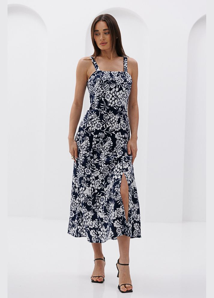 Синее женское летнее платье миди с цветочными узорами и разрезом Arjen