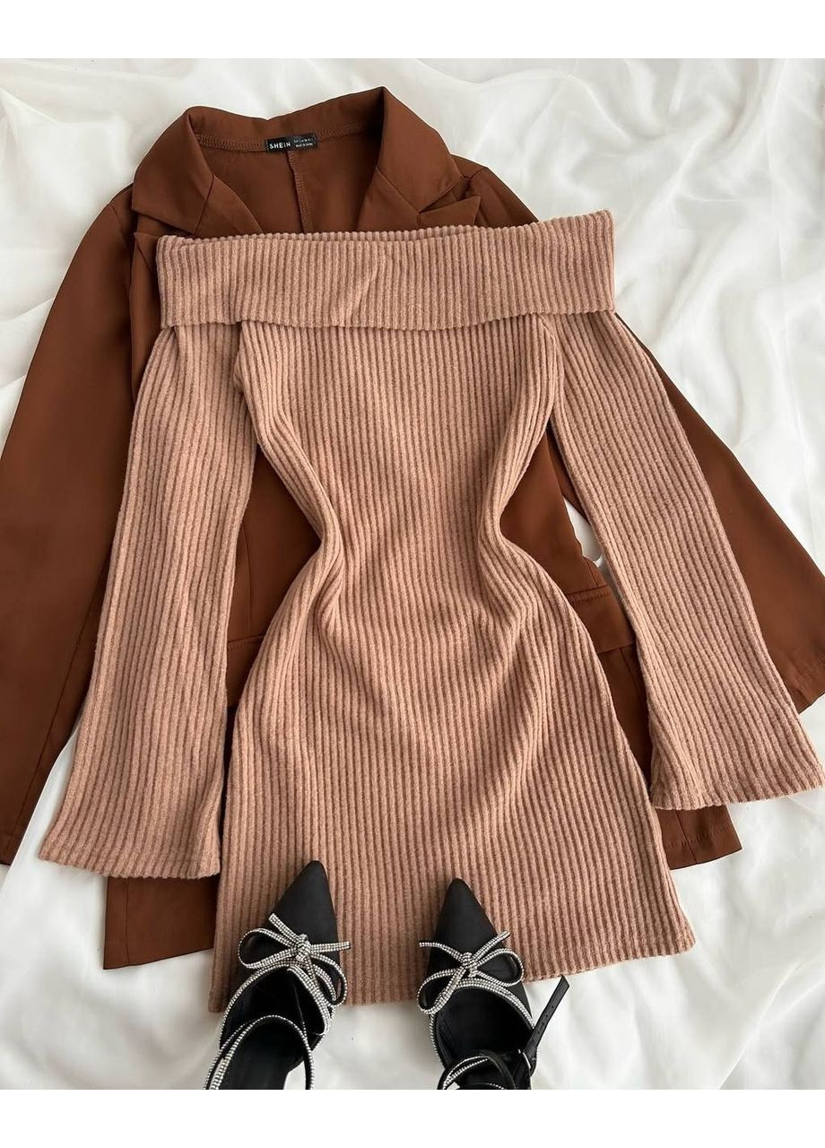 Бежева святковий сукня з щільної ангори в довжині міні — заміри в описі з відкритими плечима GD/GL Модний простір однотонна