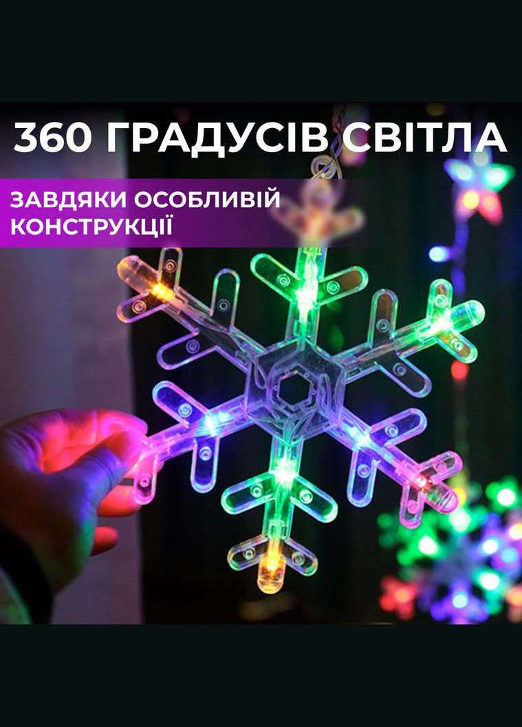 Гирлянда-штора Звезды и снежинки размер 3*1 м 12 фигур, мультиколор GarlandoPro (324071768)
