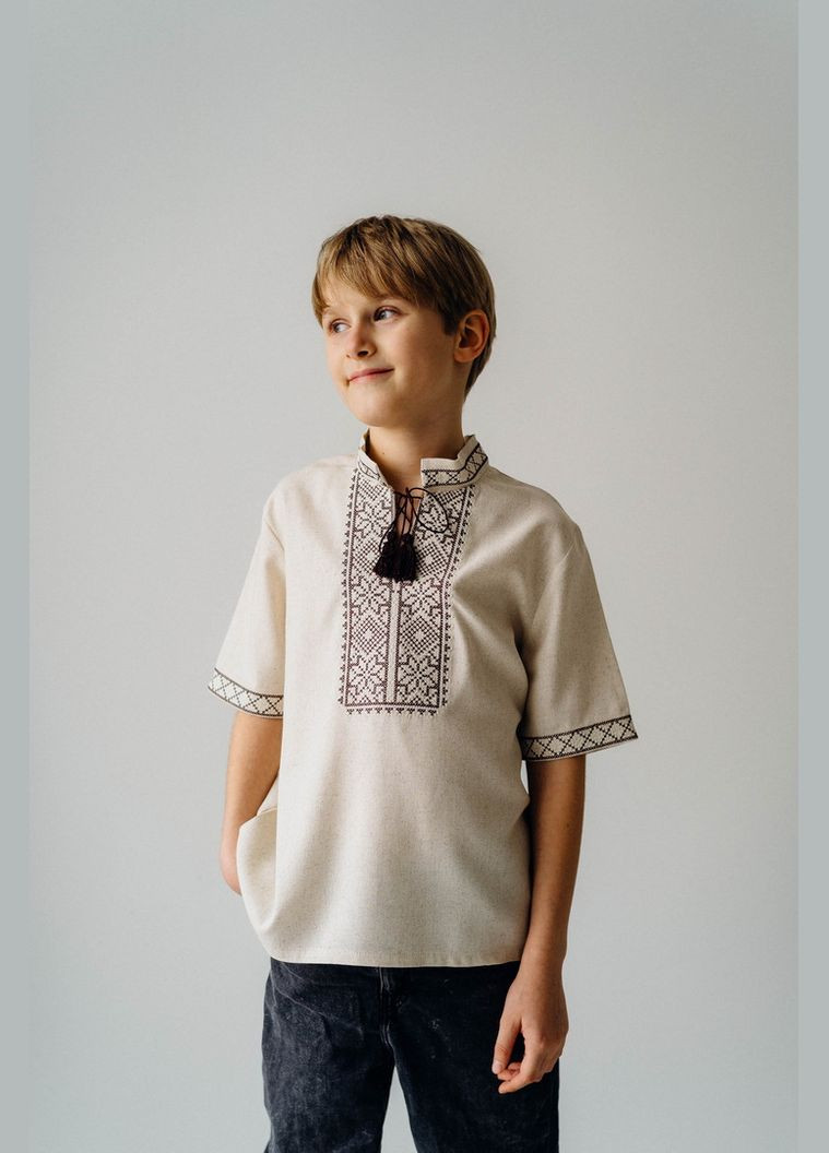 Бежевая вышиванка для мальчиков 04-2733-71в 134 см светло-бежевый меланж Авекстекс лен (331889151)