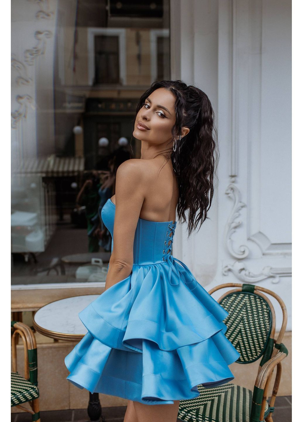 Голубое праздничный мини-платье с корсетным верхом и пышной юбкой с пышной юбкой MonCher