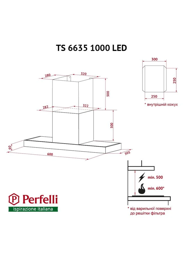 Декоративная вытяжка Т-образная TS 6635 I/BL 1000 LED PERFELLI (393537304)