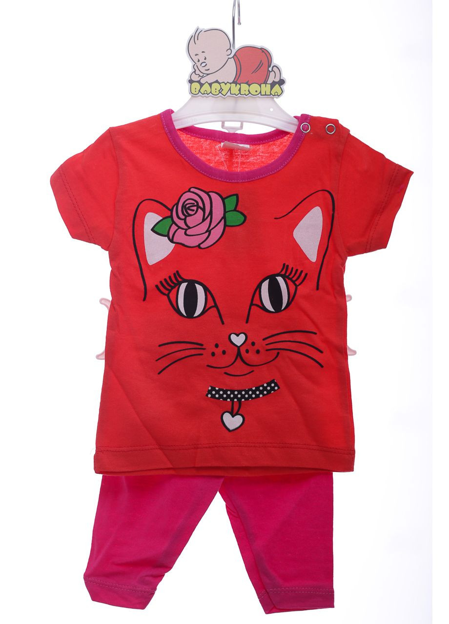 Червоний літній лосіни з футболкою для дівчинки трикотажні з кішкою червоний 80 см (38652) BABYKROHA