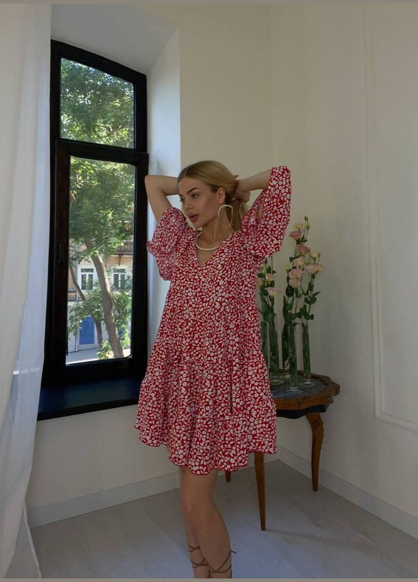 Червона червона сукня у квітковому принті вільного крою No Brand з квітковим принтом