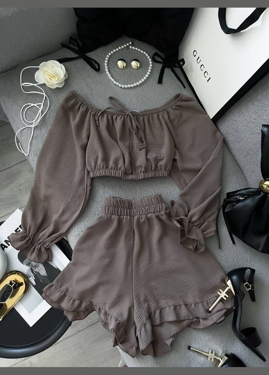 Женский летний костюм кроп-топ + шорты с воланами. MonCher (342071411)