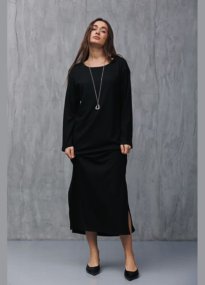 Черное трикотажное длинное платье серое с разрезами по бокам Arjen