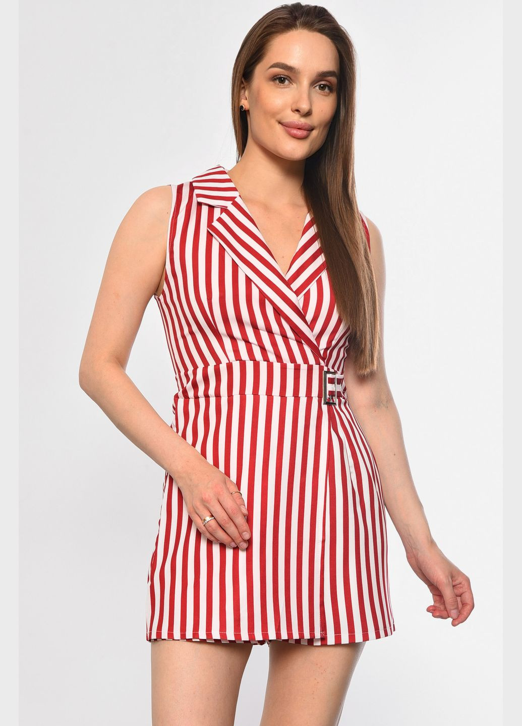 Комбінезон жіночий в смужку червоного кольору Let's Shop комбінезон-шорти однотонний червоний джинсовий поліестер