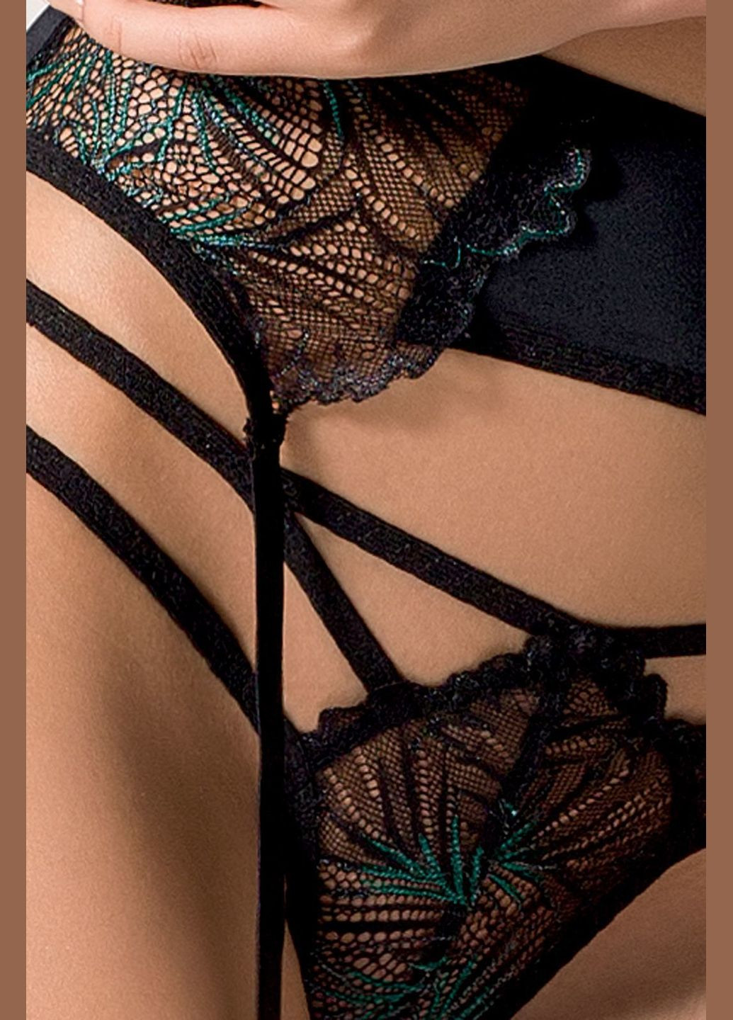 Черный демисезонный комплект белья floris set black – exclusive: лиф, трусики, пояс для чулок Passion