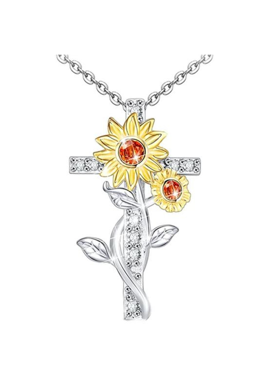 Ланцюжок з кулоном жіночий сріблястий хрестик з соняшниками та білими фіанітами Liresmina Jewelry (290664062)