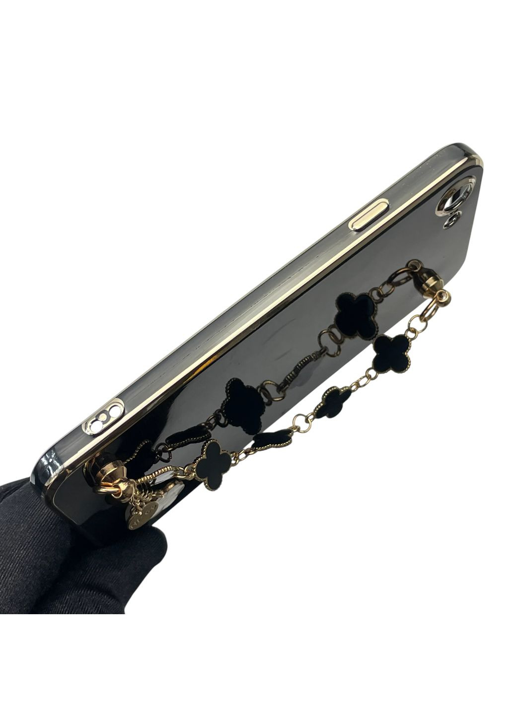 Чохол для телефона iPhone SE 2020 жіночій із ремінцем з прикрасами та золотою окантовкою на айфон се 2020 чорний gs1 Apple (366228647)