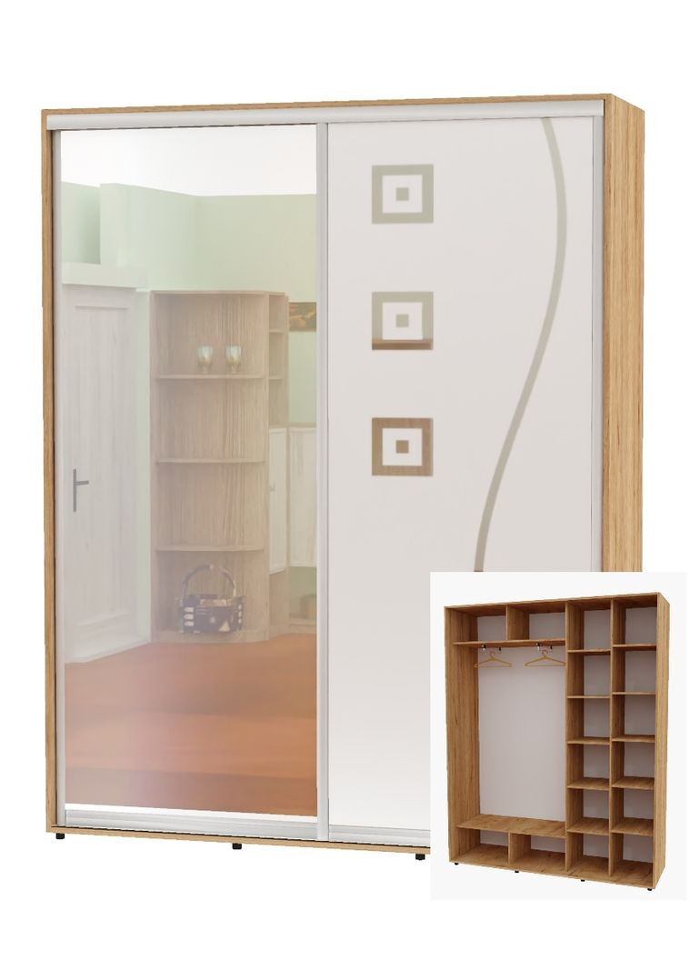 Шафа-купе дводверна 200*45*230 Дуб крафт золотий Дзеркало/Дзеркало з піскострумним малюнком Алекса (360457283)