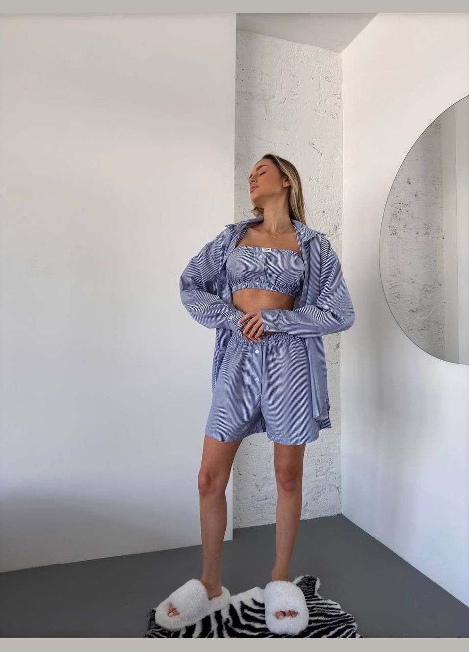 Домашній комплект трійка (шорти+сорочка+топ) у смужку синього кольору 31557 No Brand (323643430)