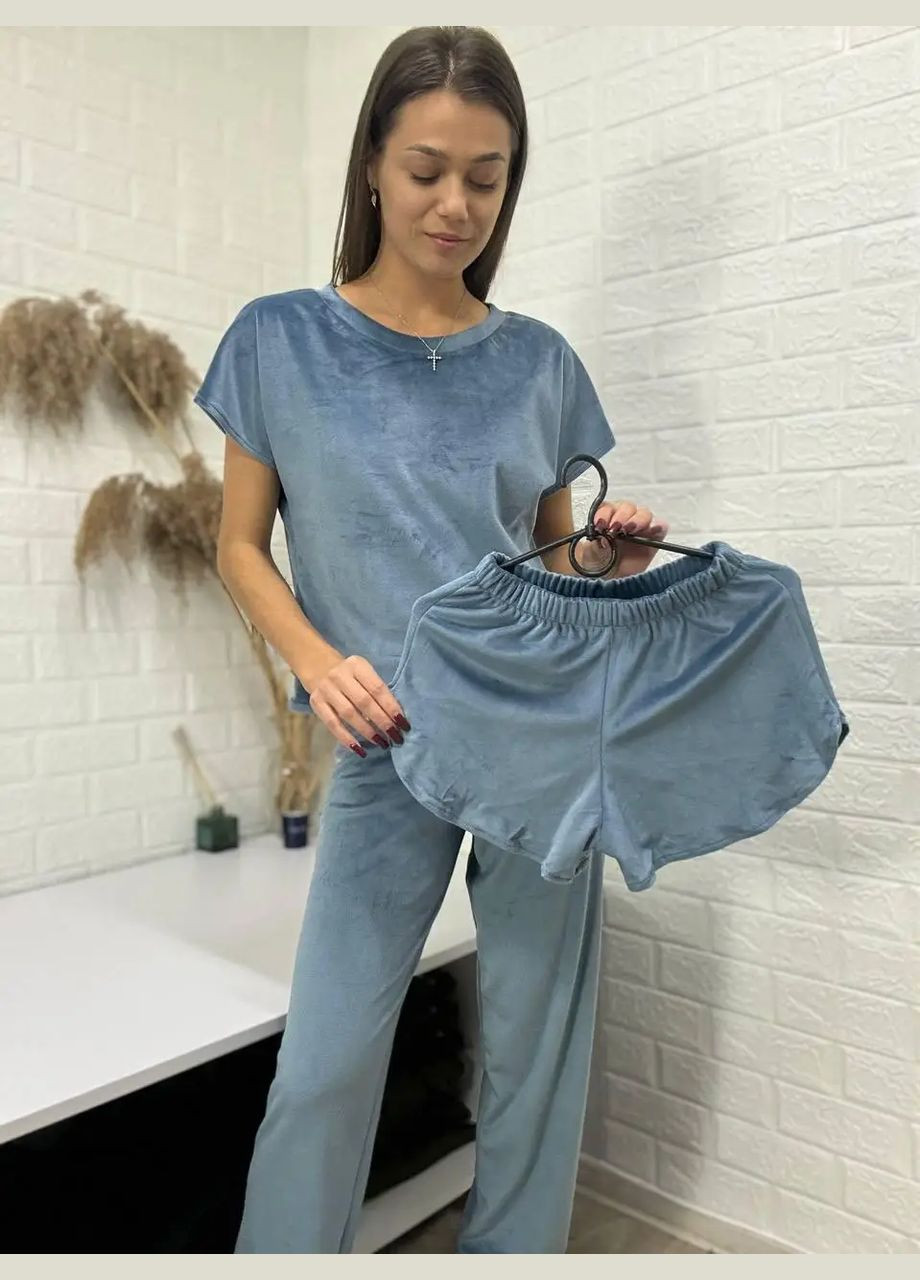 Морської хвилі всесезон ніжний велюровий домашній комплект (шорти, штани та футболка) у кольорі морської хвилі No Brand