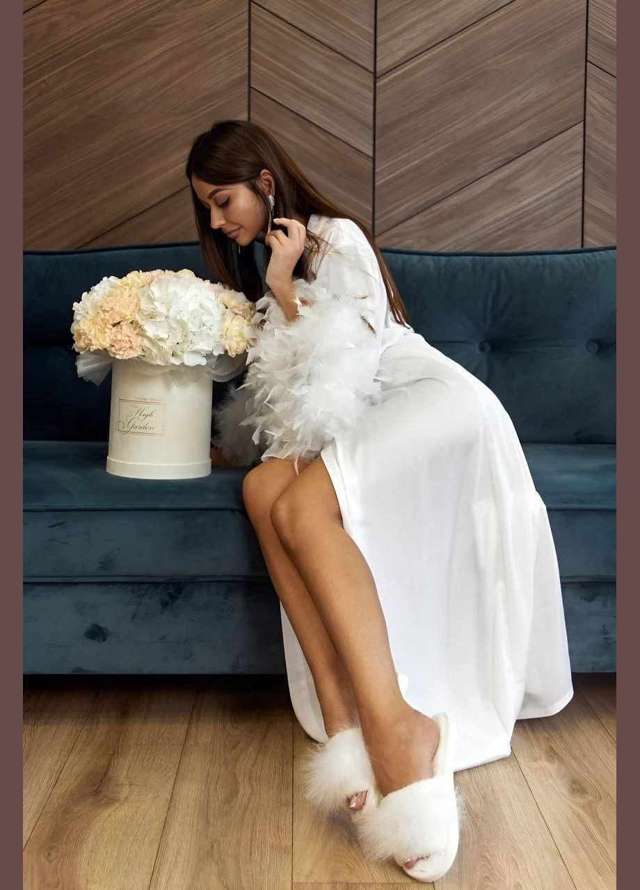 Женский атласный халат Невеста длинный с объемными рукавами и перьями Liton Халат (333712676)