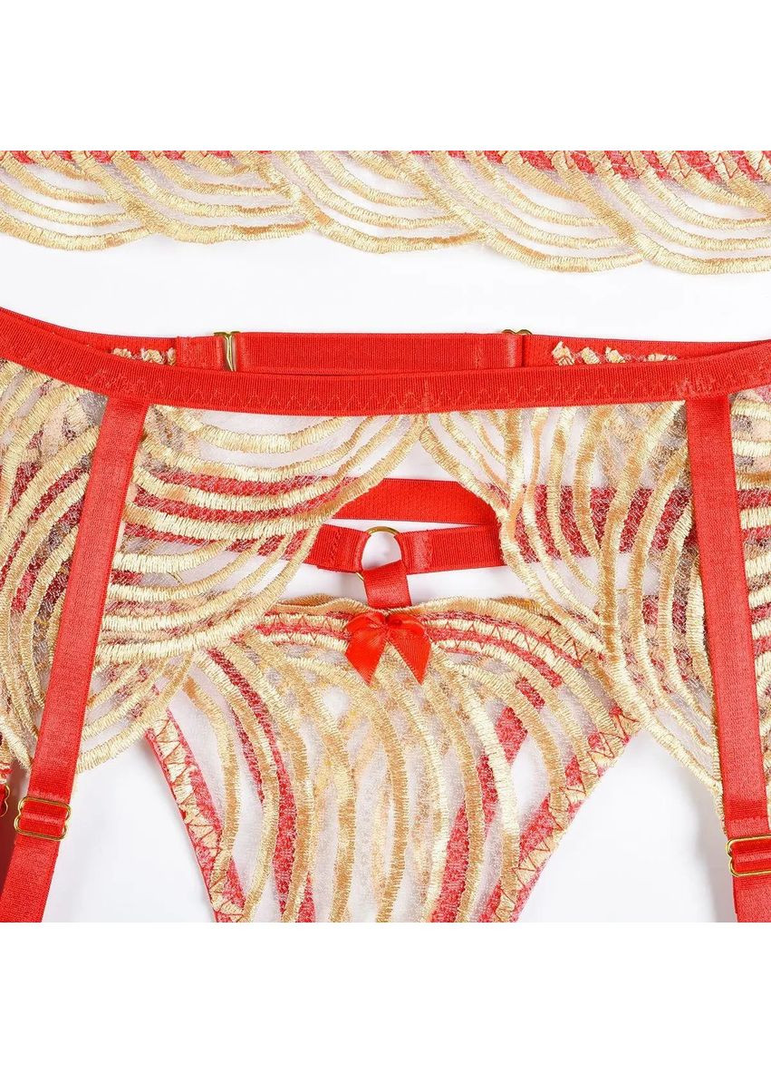 Золотистий демісезонний мереживний комплект із поясом. еротичний жіночий мереживний комплект білизни золотого кольору в комплекті пояс та підв'язки No Brand